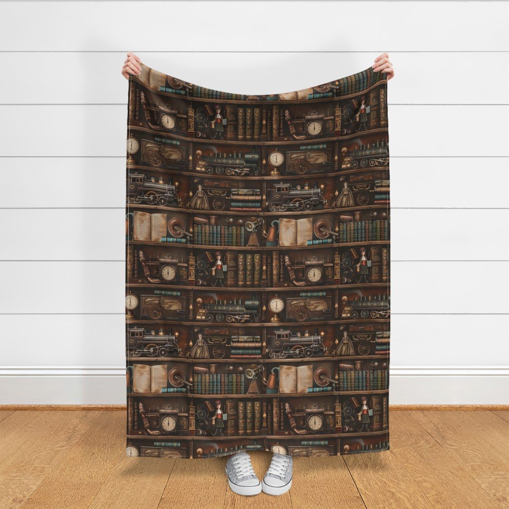 Vintage Steampunk Bookcase with Antique Trains and Books Fabric bookcase fabric