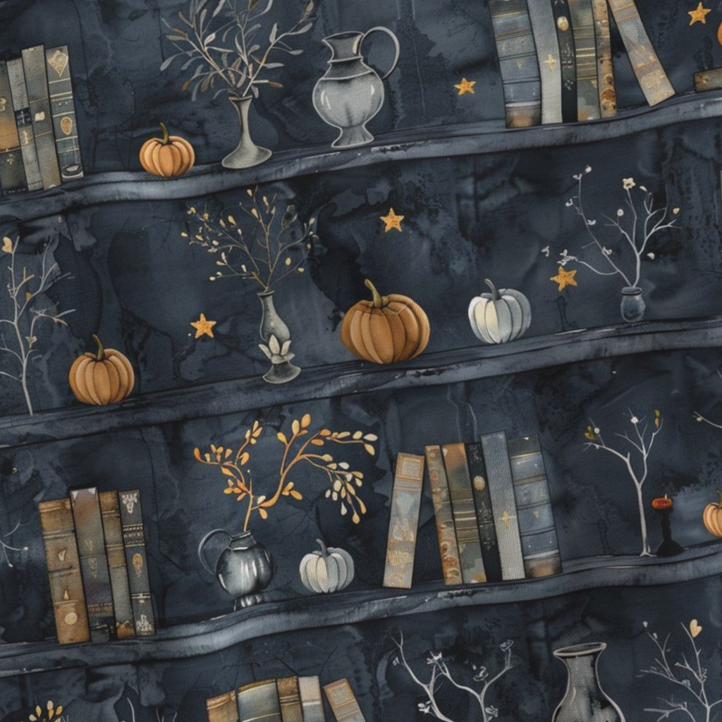 Dark Blue Halloween Pumpkins and Vases on Vintage Bookcase Fabric elegant fabric