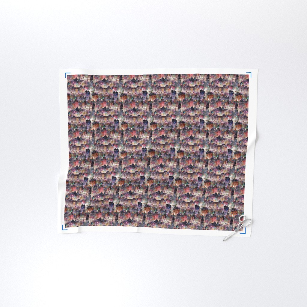 Small New York City Christmas Street Watercolor Fabric city houses fabric