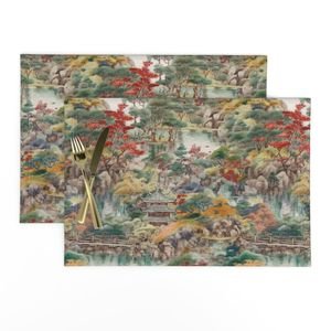 Small Japanese Water Garden Watercolor with Temples Home Styling Collection Design Collection autumn placemat design