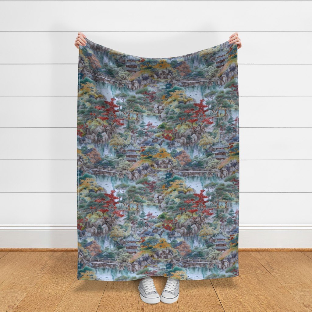 Japanese Autumn Water Garden Watercolor with Temples in Soft Blue and Fabric fabric fabric