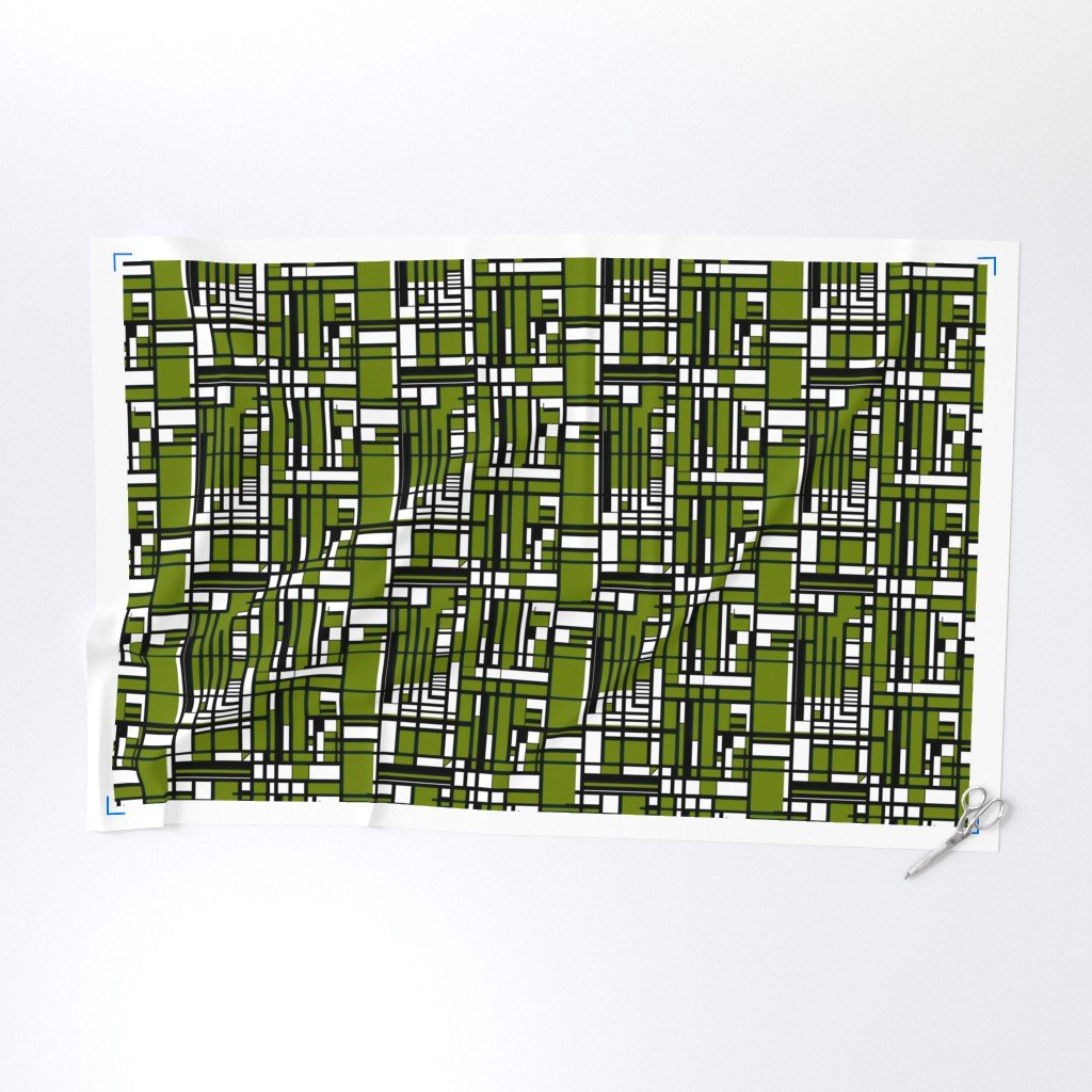 Moss Green Modernist City Blocks Geometric Pattern Fabric city blocks fabric