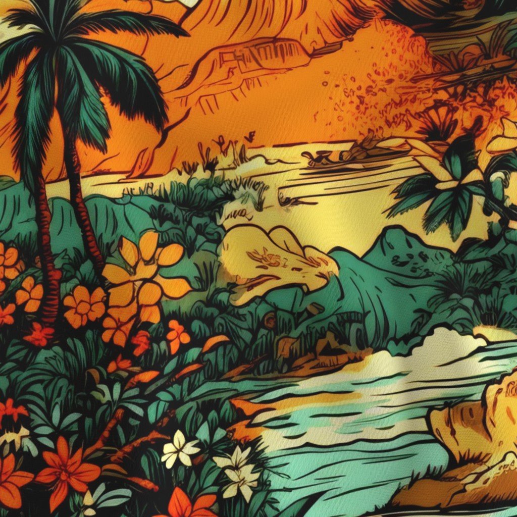 Vintage Hawaiian Tropical Floral Landscape in Bright Volcano Sunset Fabric island fabric