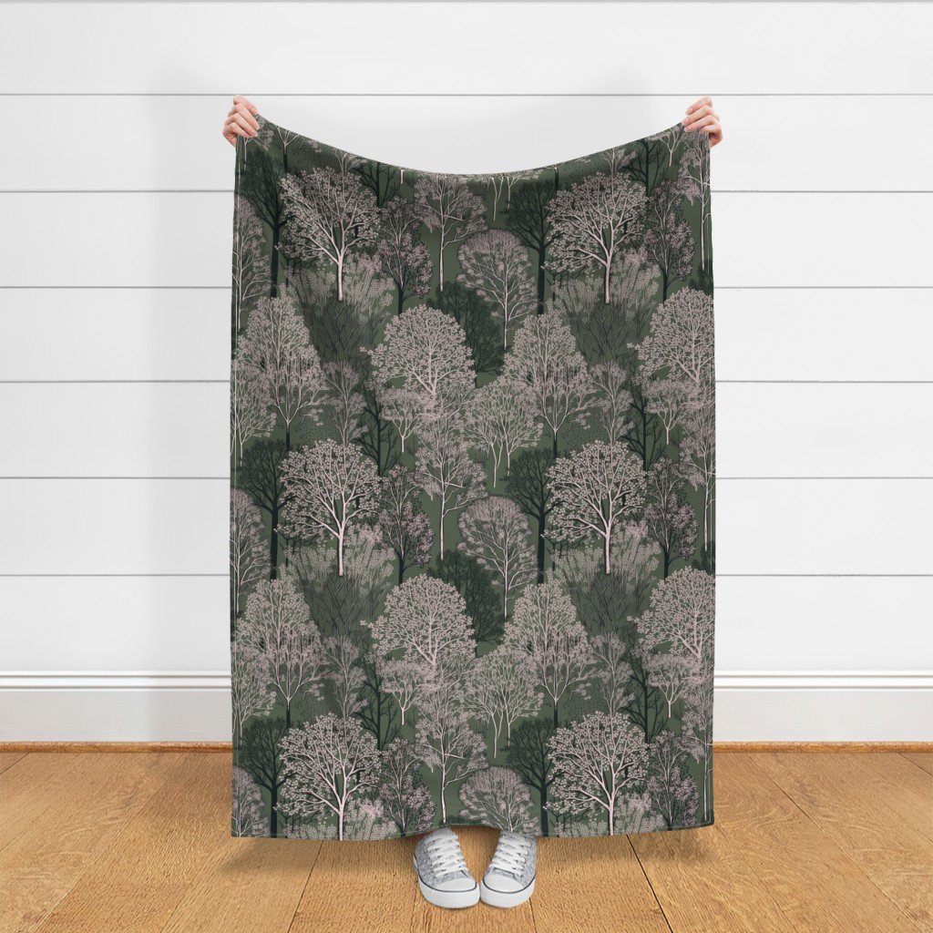 New England Endless Forest Trees in Mossy Green Winter Fabric forest fabric