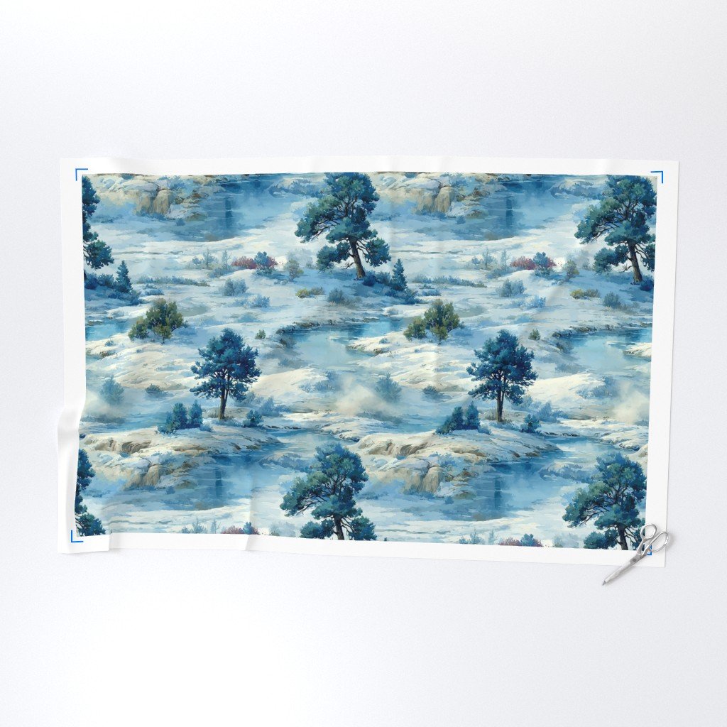 Yellowstone National Park Winter Christmas Watercolor Landscape Fabric landscape fabric