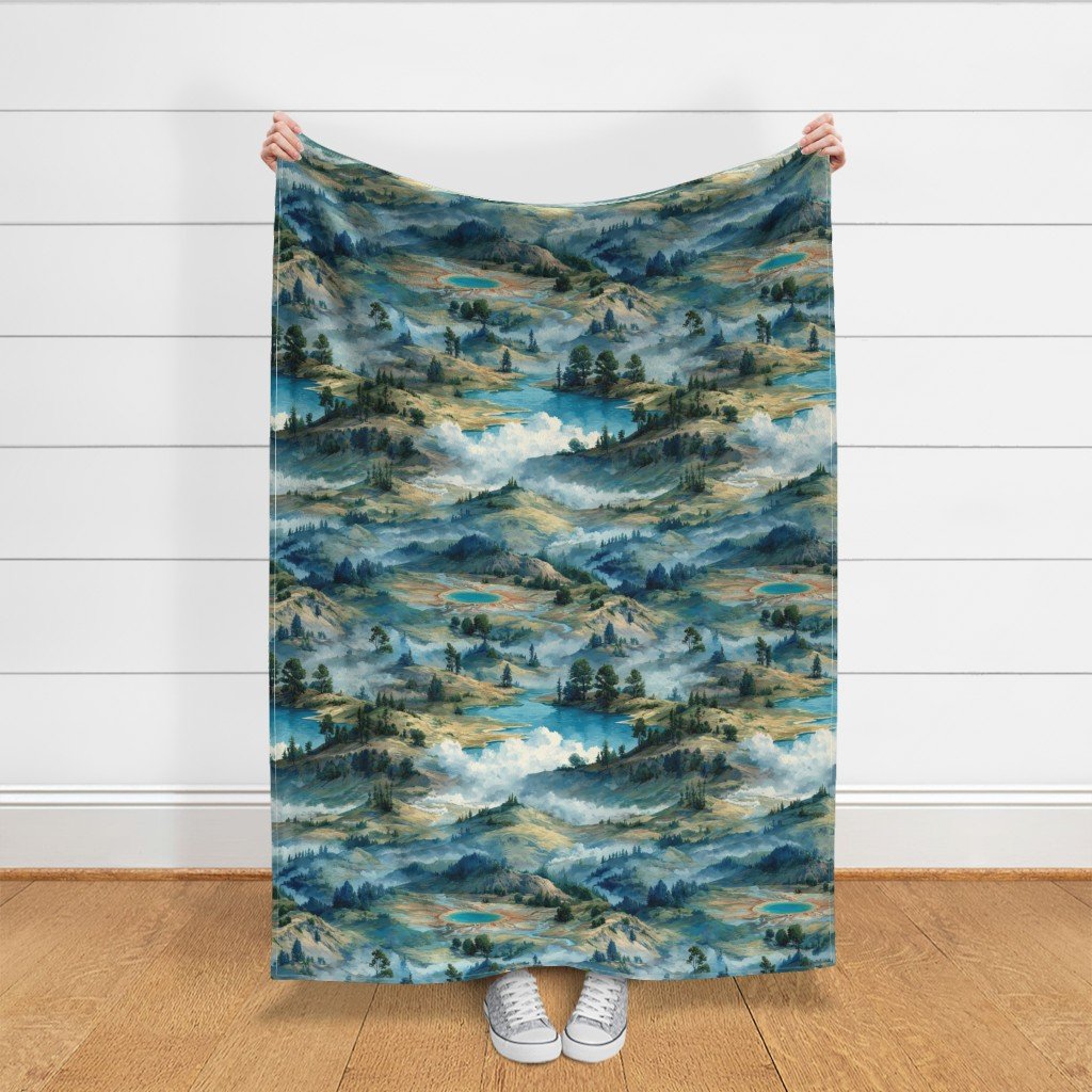 Yellowstone National Park Summer Watercolor Hot Spring Landscape Fabric nature fabric