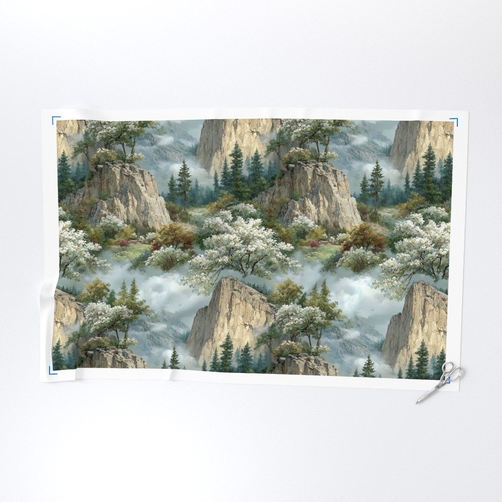 Yosemite National Park Spring Watercolor Granite Cliff Landscape Fabric granite fabric