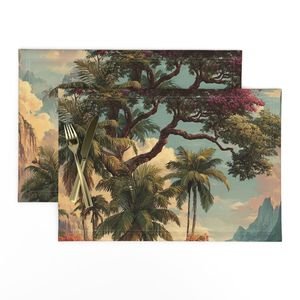 Vintage Hawaiian Watercolor Landscape with Misty Mountains and Palms Decor Collection Home Styling Collection island placemat design