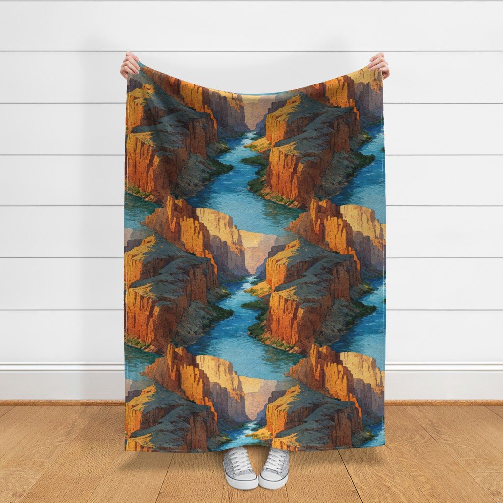 Summer Sun Over the Grand Canyon Watercolor Landscape Fabric cliffs fabric