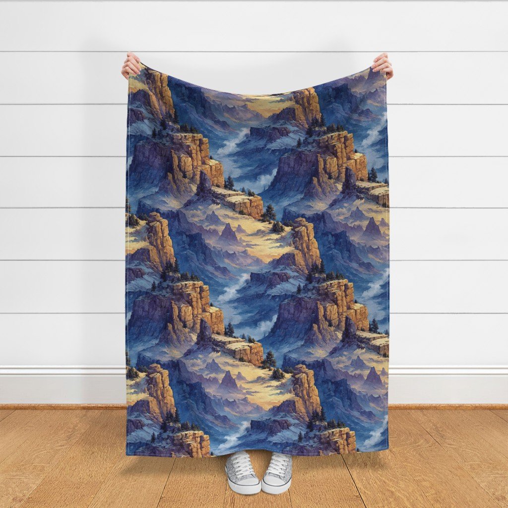 Winter Silence Over the Grand Canyon Watercolor Landscape Fabric cliffs fabric