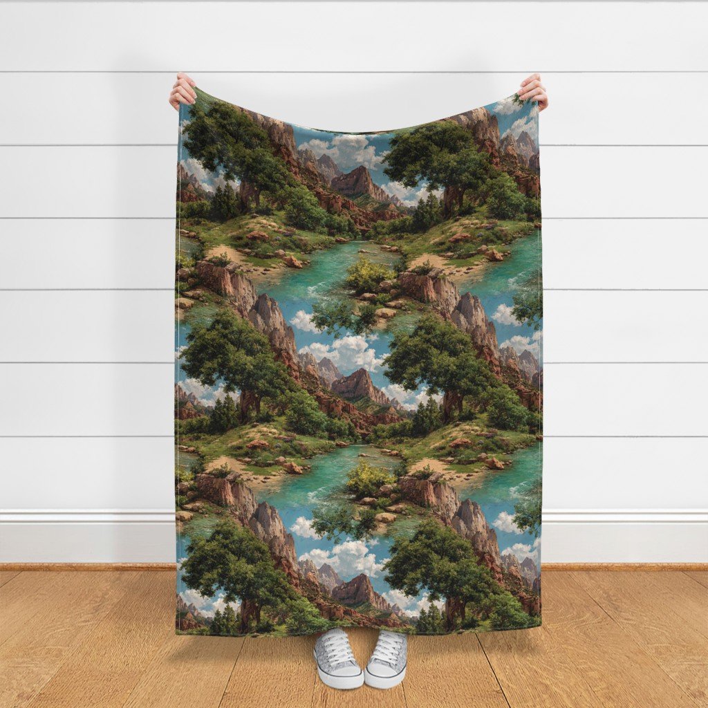 Spring Panorama of Zion Canyon Watercolor Landscape Fabric landscape fabric