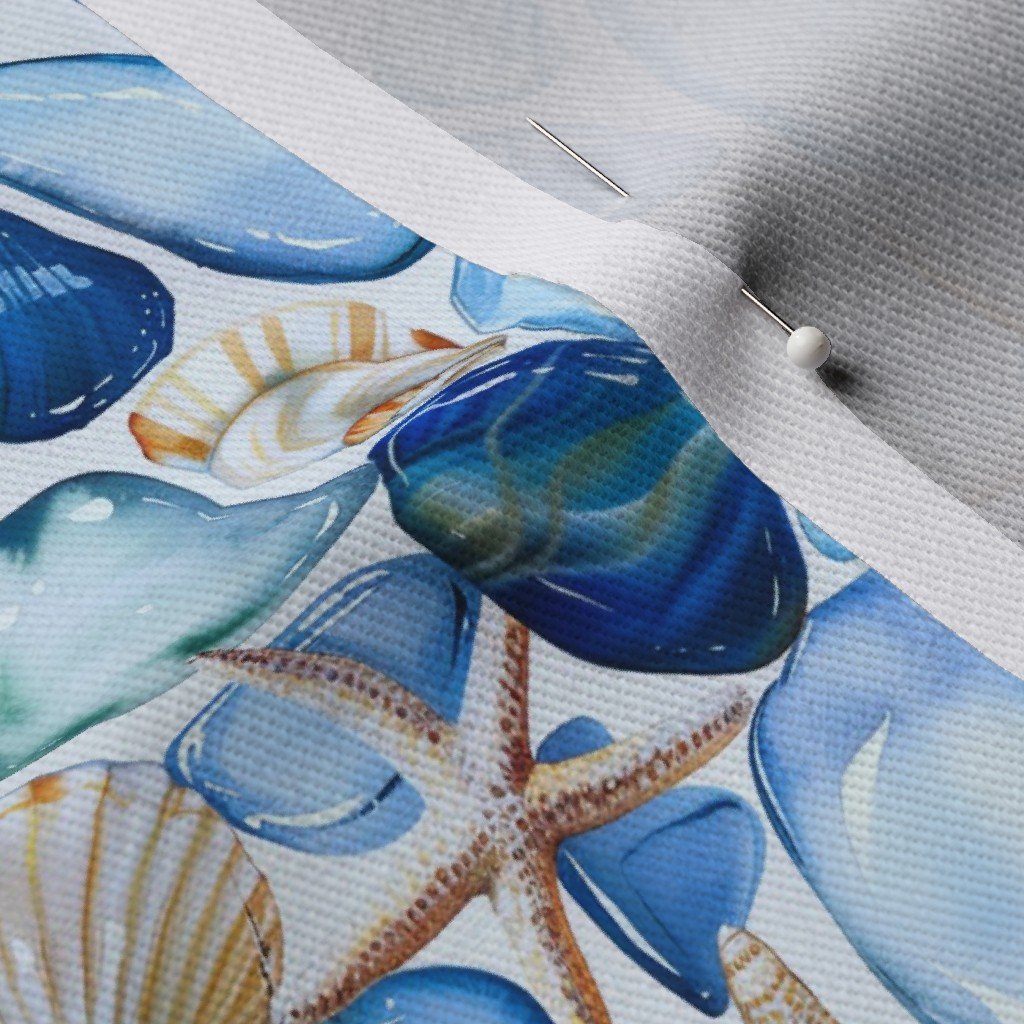 Watercolor Sea Glass Shells and Starfish Coastal Pattern in Seafoam Fabric coastal fabric