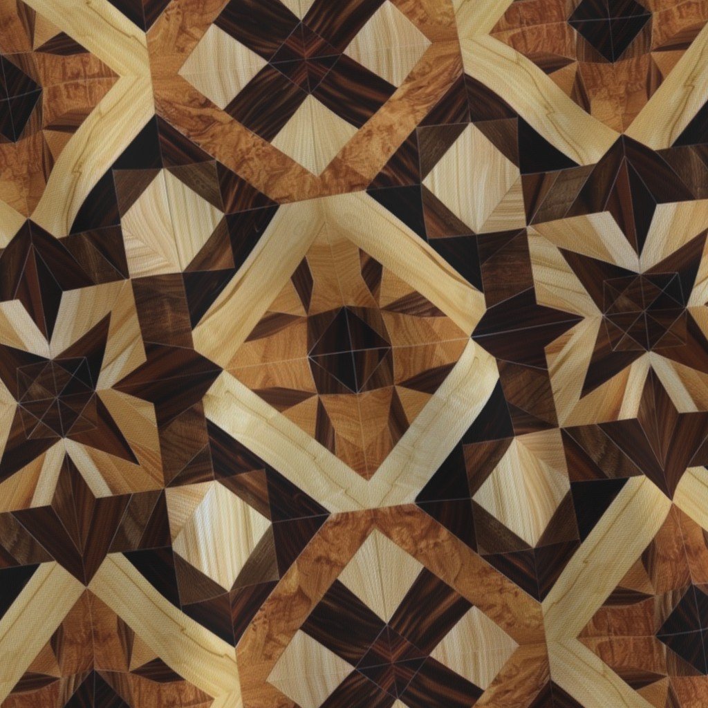 Geometric Marquetry Wood Inlay Pattern in Rich Dark Wood Tones Fabric classic fabric