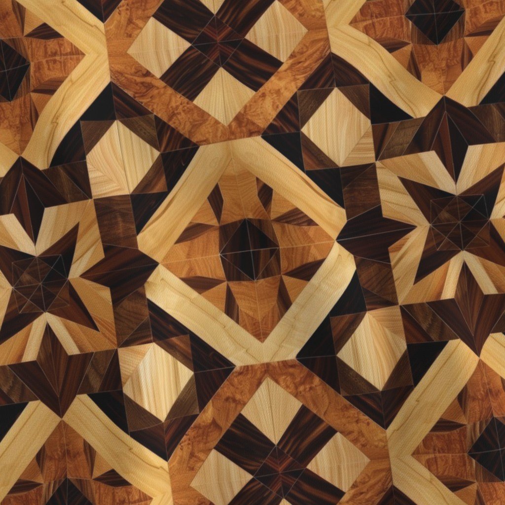 Geometric Marquetry Wood Inlay Pattern in Warm Natural Tones Fabric classic fabric