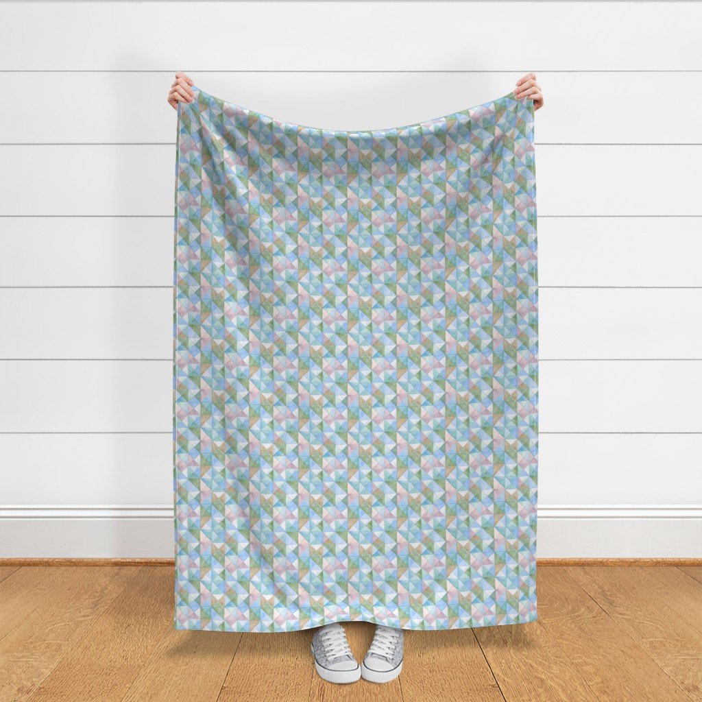 Soft Watercolor Quilted Patchwork Triangles in Sky Blue and Sage Fabric soft colors fabric