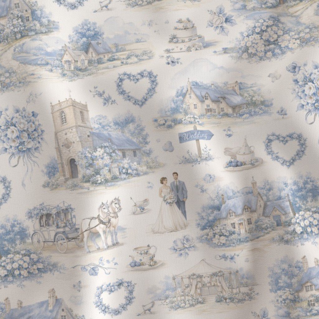 Blue English Village Wedding Toile Watercolor Pattern Fabric garden wedding fabric