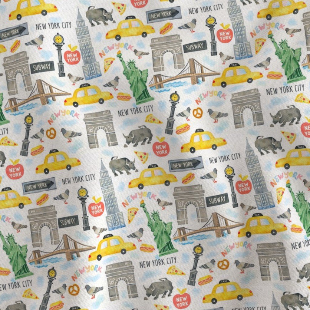 New York City Watercolor Motifs with Empire State and Statue of Fabric seamless pattern fabric