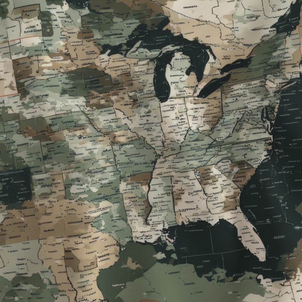 USA State Outline Camouflage Map Design in Earth Tone Green and Sand Fabric geography fabric