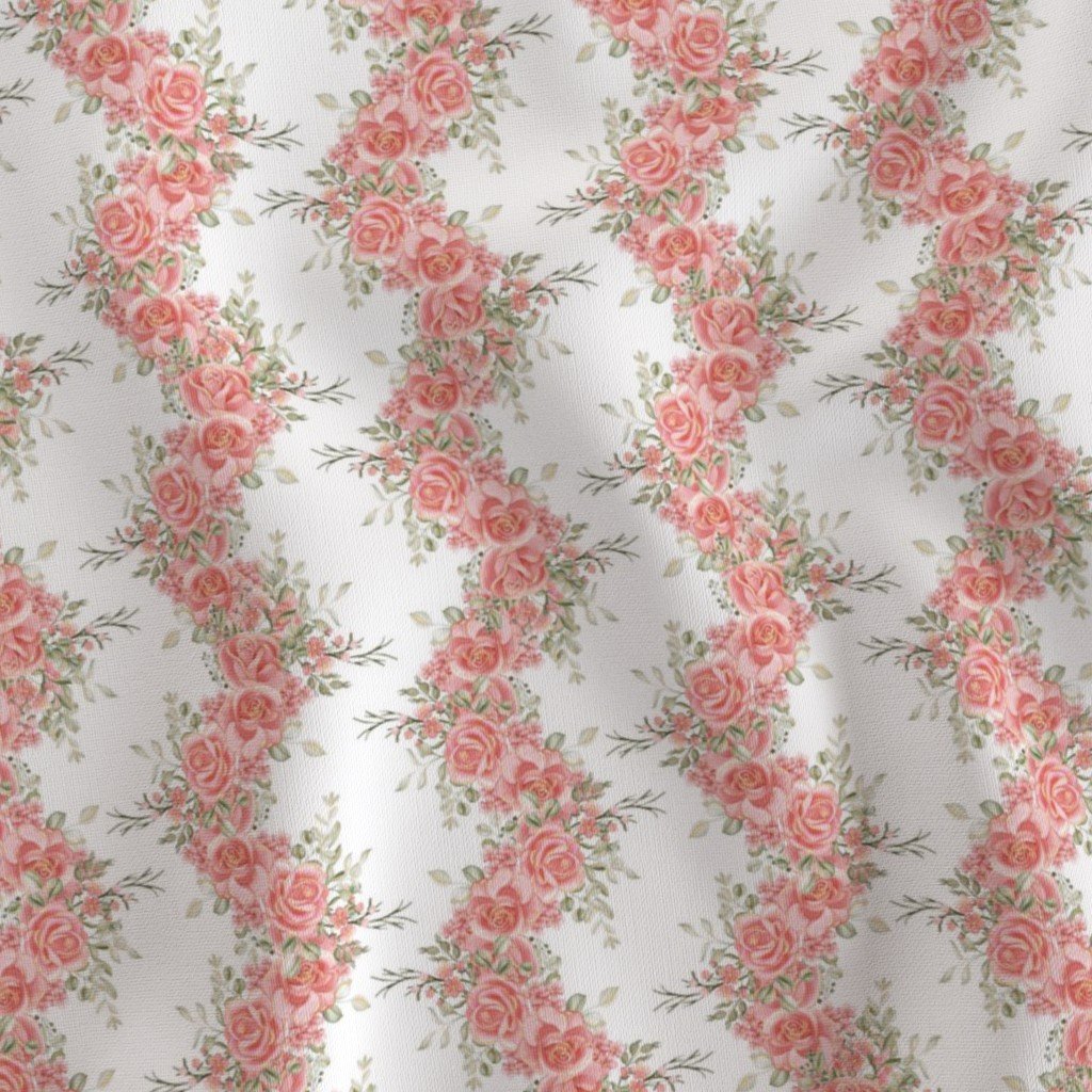 Vintage English Garden Small Coral Pink Rose Stripe Pattern on White Fabric elegant fabric