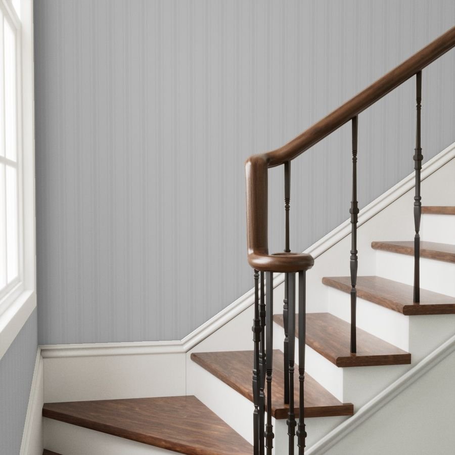 Tonal Dove Gray Tailored Ticking Stripe Cottage Farmhouse Wide Stripe Wallpaper light neutral wallpaper