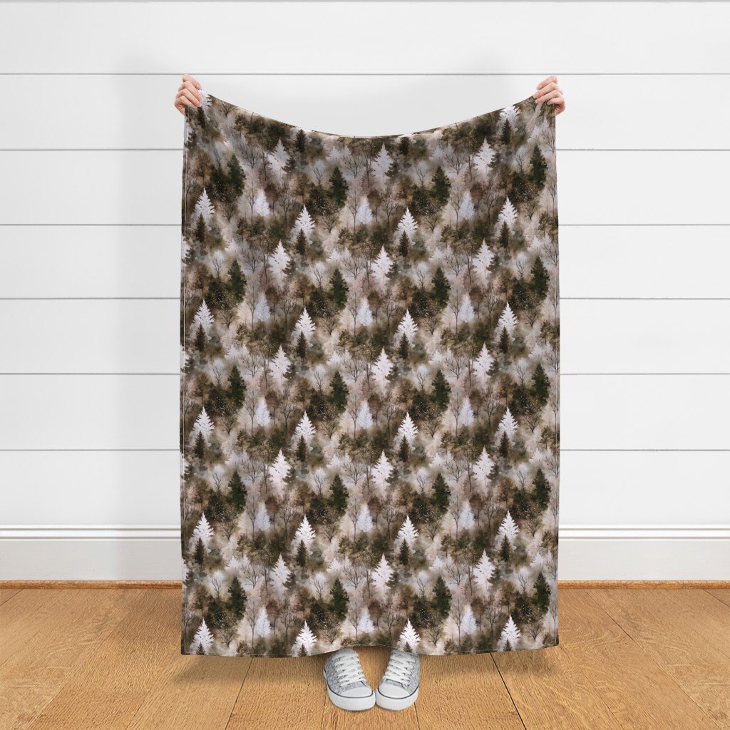 Small Endless Winter Tree Dreamscape Trees in Earthy Misty Forest Fabric muted fabric