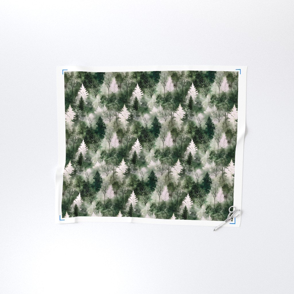 Small Endless Winter Tree Dreamscape Trees in Deep Green Misty Forest F Fabric botanical fabric