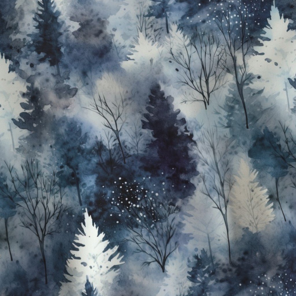 Small Endless Winter Tree Dreamscape Trees in Deep Blue Misty Forest Fabric botanical fabric