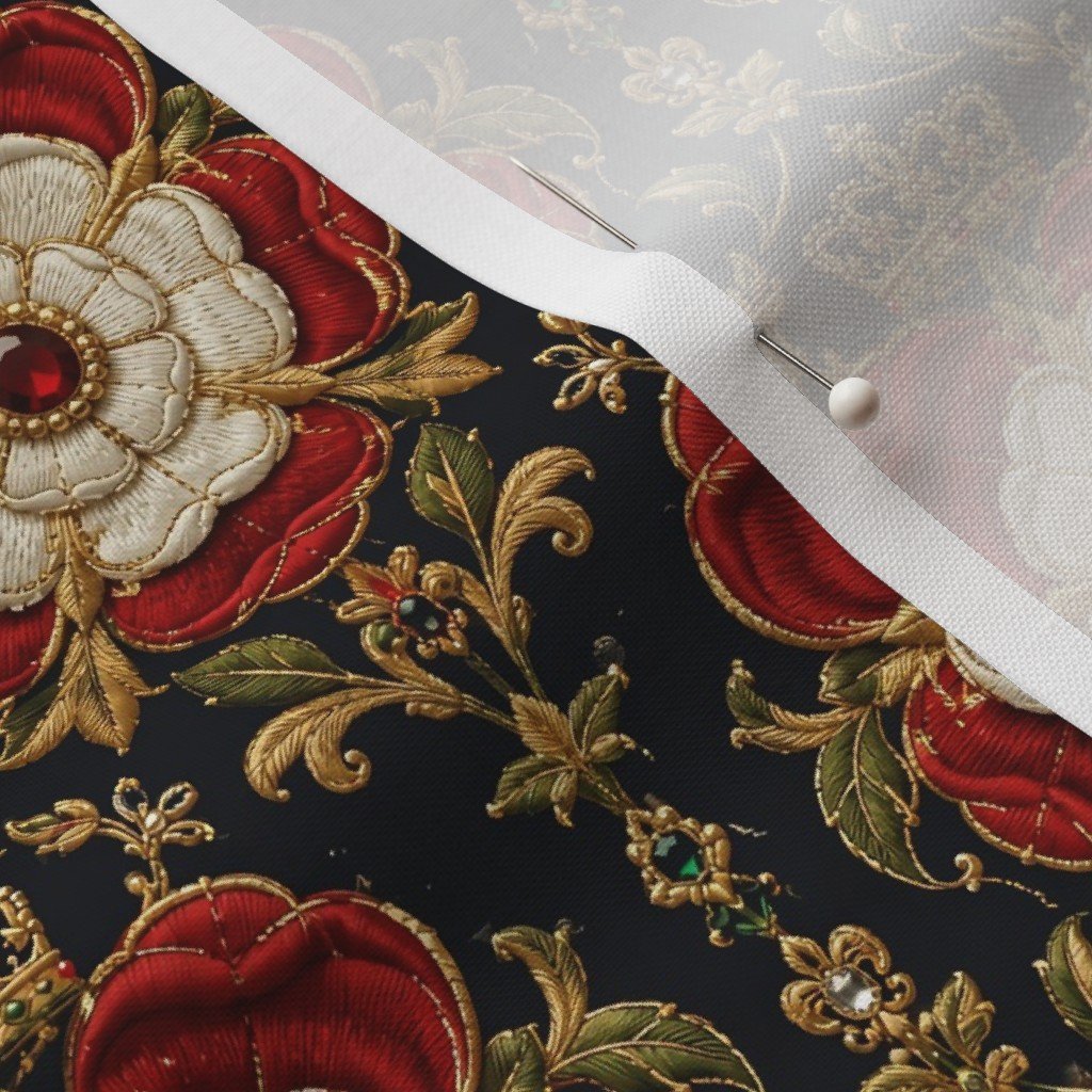 Royal Tudor Rose Crown Damask on Midnight Black Fabric embroidery fabric