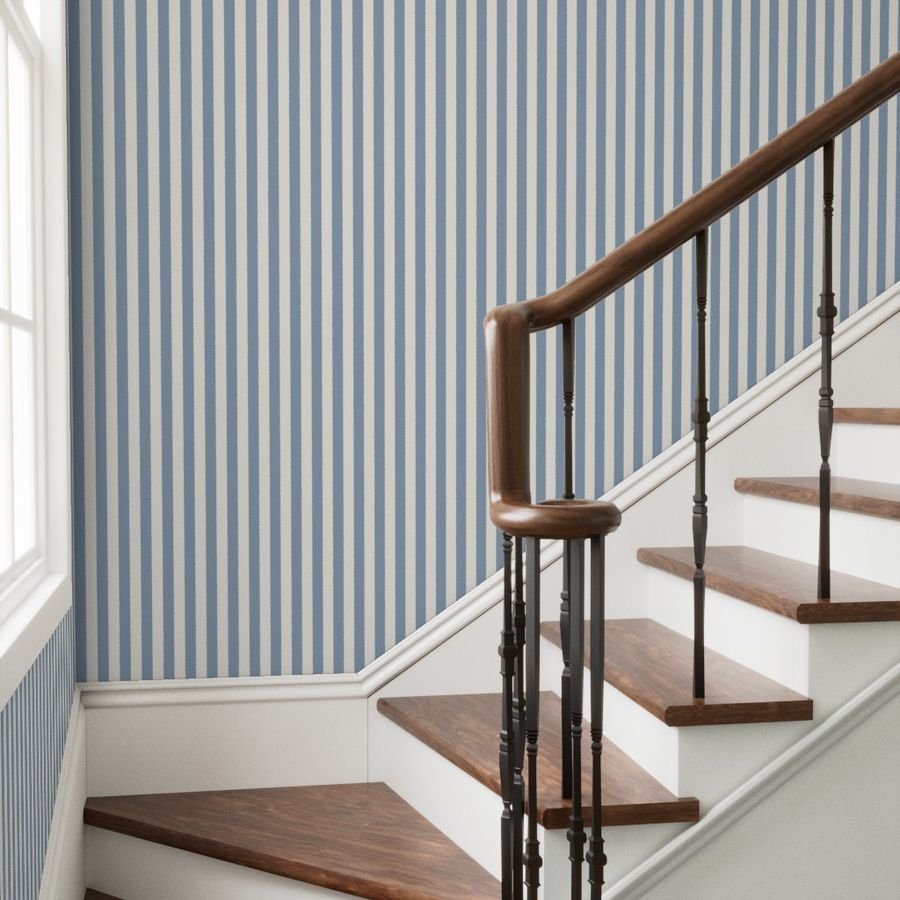 Classic Dusty Blue and Ivory One Inch Broad Stripe Pattern Wallpaper ivory stripe wallpaper