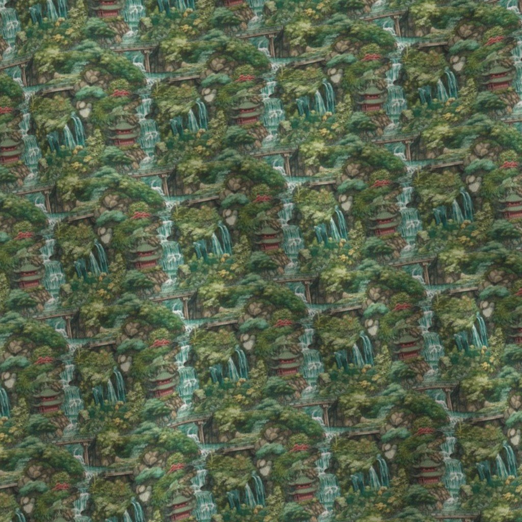 Little Japanese Water Garden with Waterfalls Fabric bridge fabric