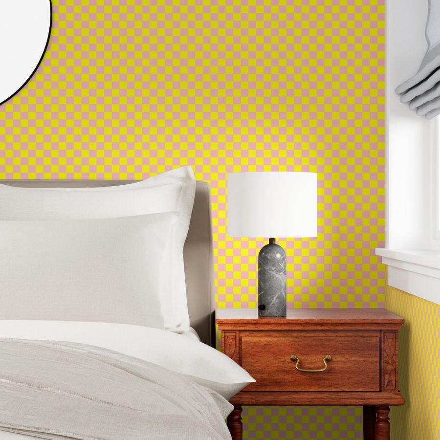 Classic Pink and Yellow 1 Inch Check Wallpaper pink check wallpaper