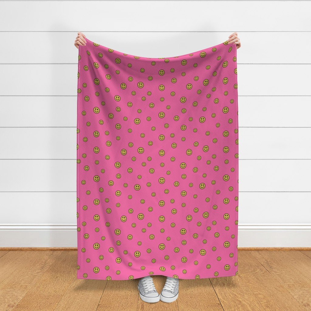 Retro Yellow Smiley Faces on Bubblegum Pink Fabric design fabric