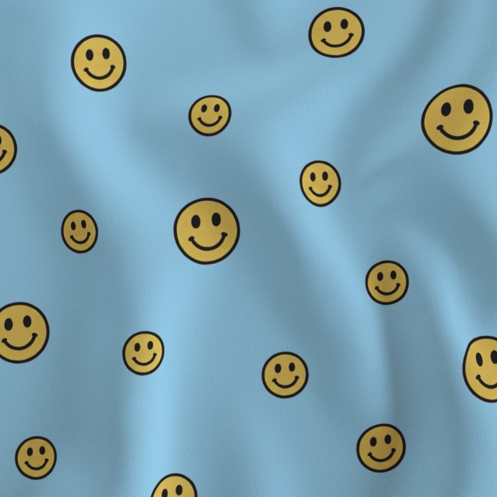 Retro Yellow Smiley Faces on Sky Blue Fabric design fabric