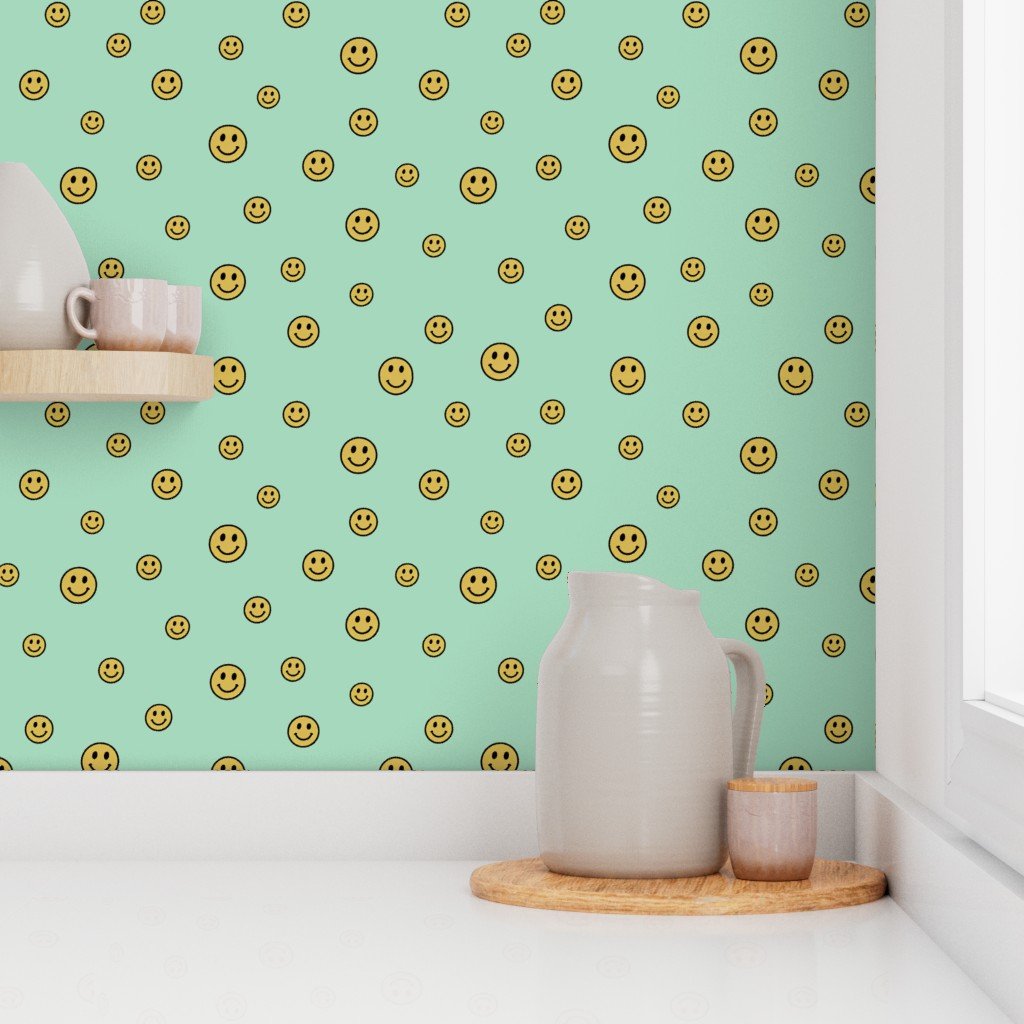Retro Yellow Smiley Faces on Mint Green Wallpaper mint green wallpaper