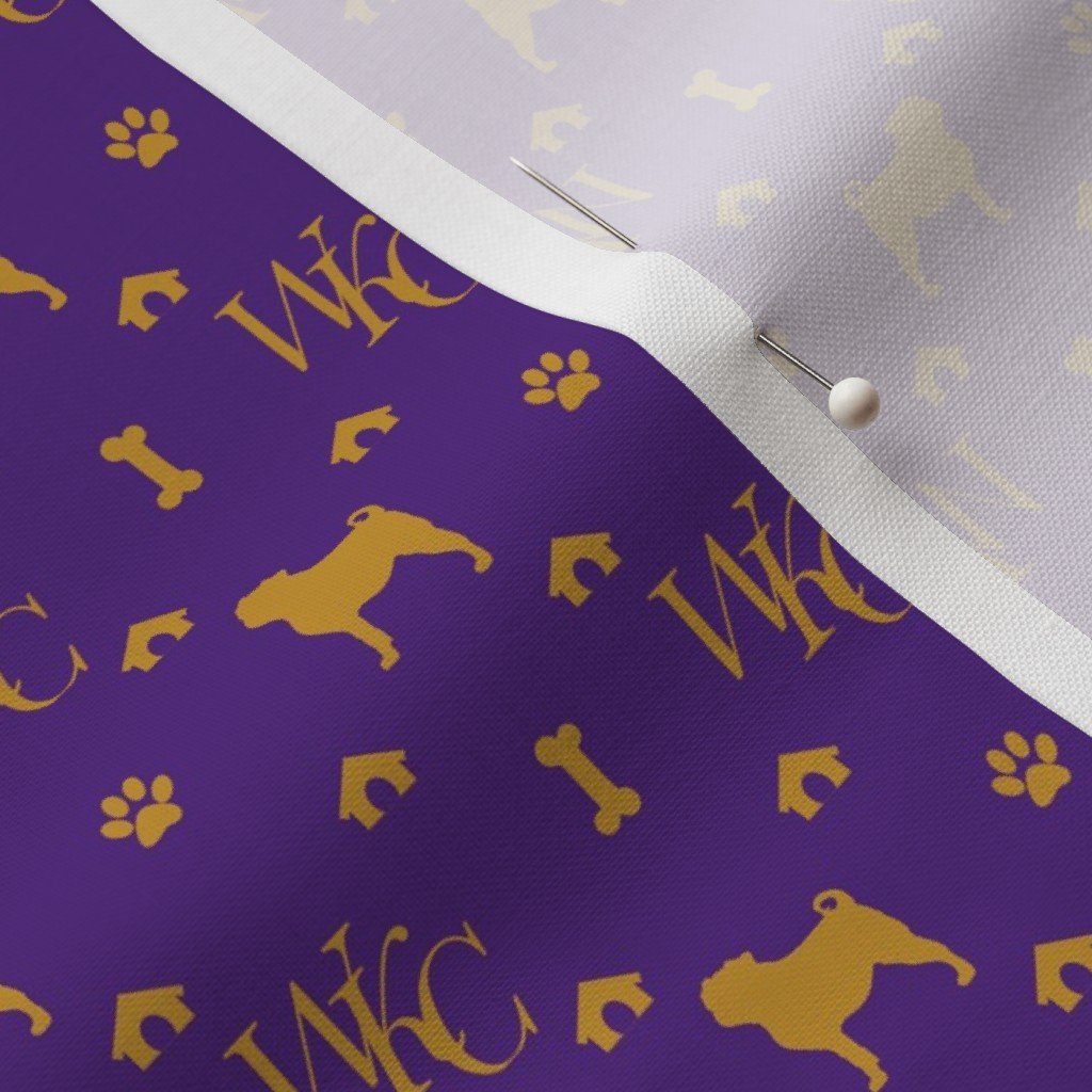 WKC Pugs on Purple and Gold Fabric gold pug fabric