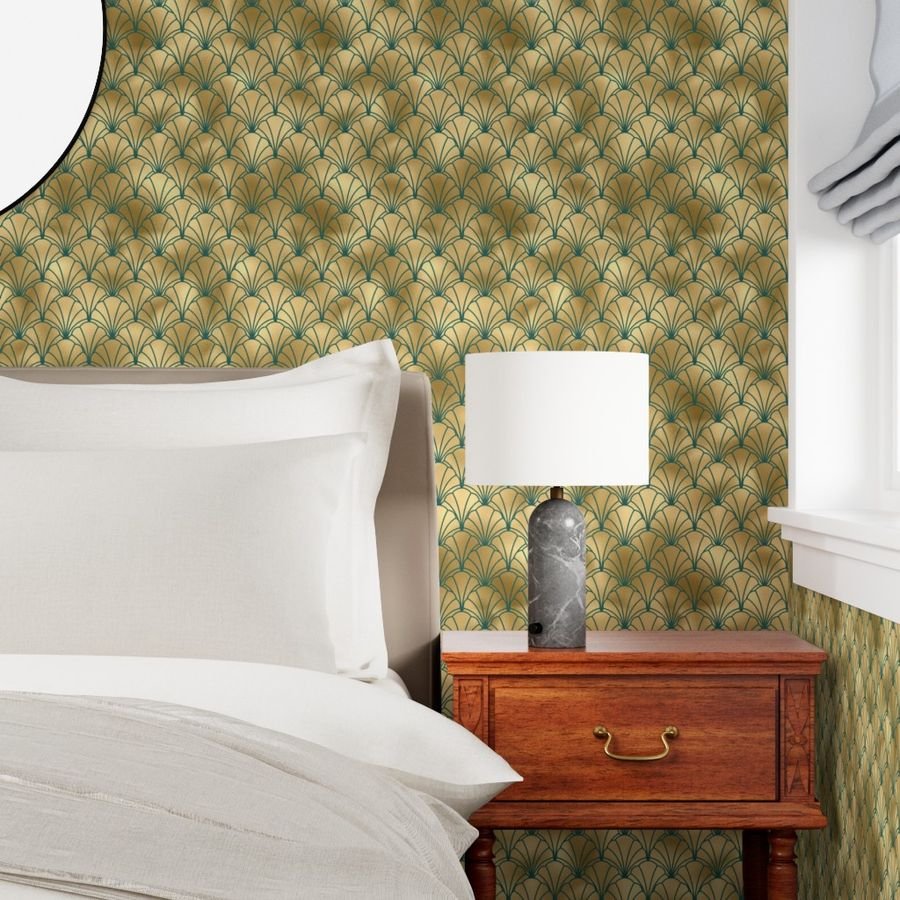 Teal and Faux Gold Foil Vintage Art Deco Scallop Shell Pattern Wallpaper gold foil wallpaper