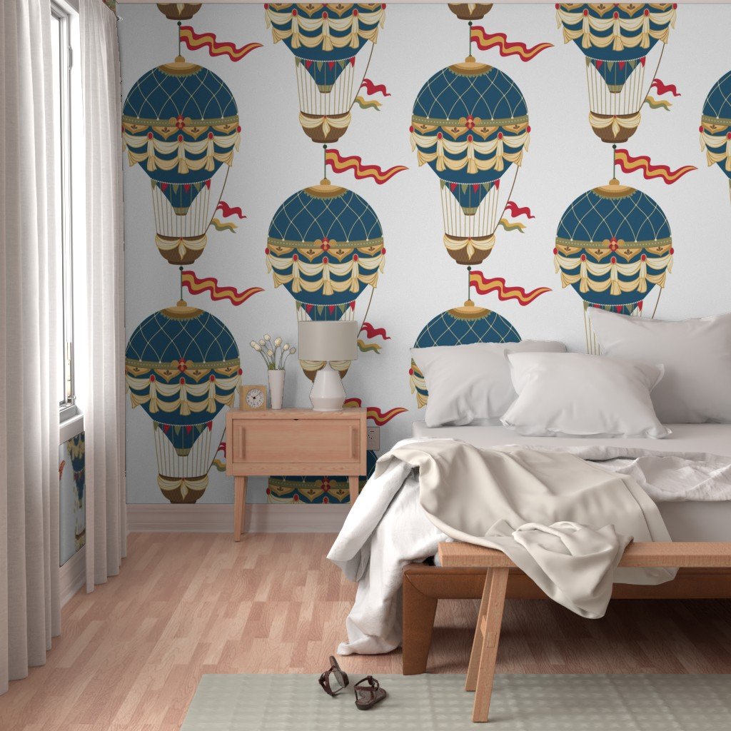 Vintage Ornamental Blue Festooned Hot Air Helium Balloons Wallpaper vintage balloons wallpaper