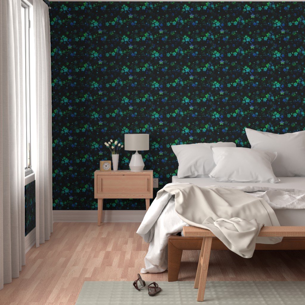 Bright Neon Green and Blue Cherry Blossom Flowers and Vines Wallpaper cherry blossom wallpaper