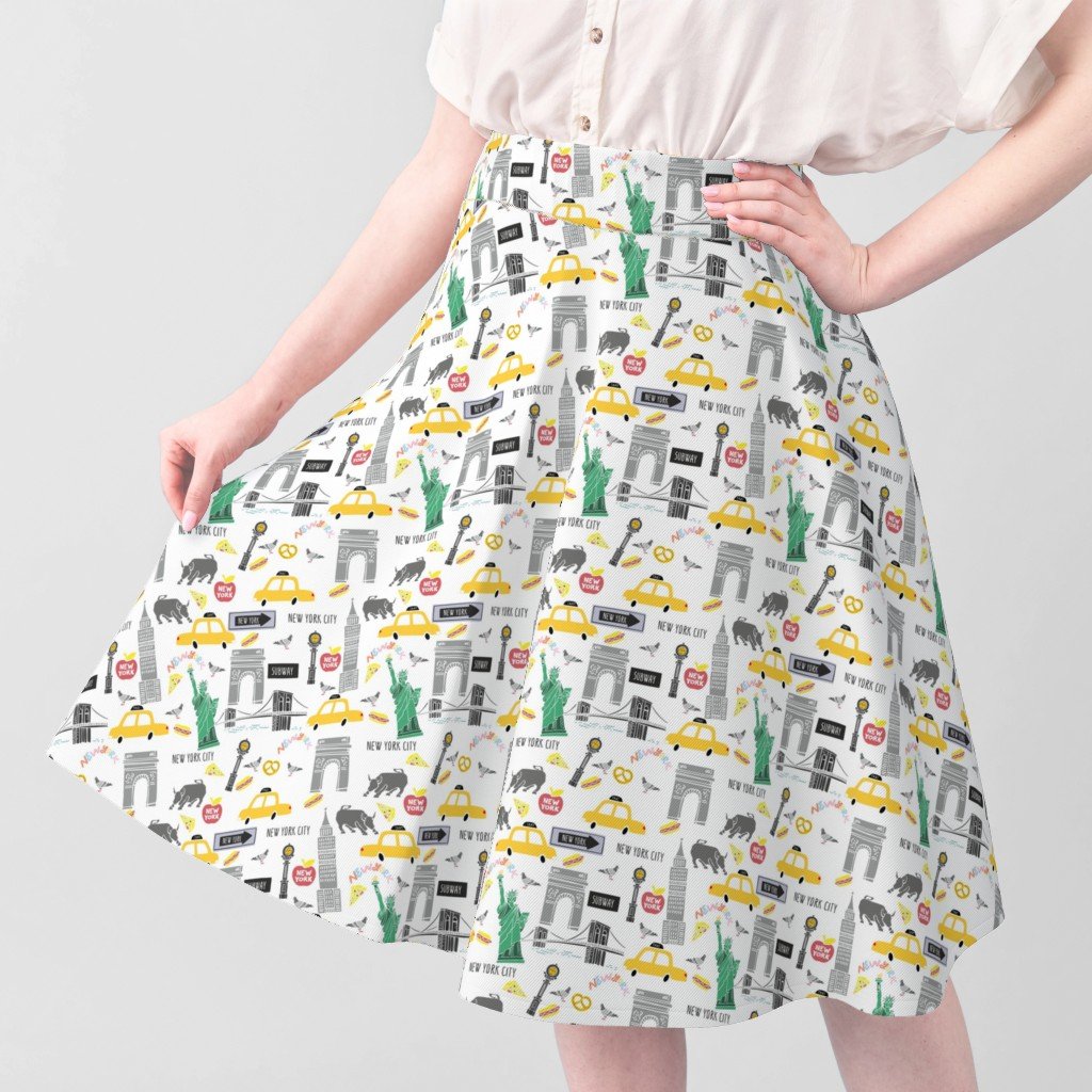 New York City Handdrawn Motifs Empire State Statue of Liberty Yellow Fabric fifth avenue clock fabric