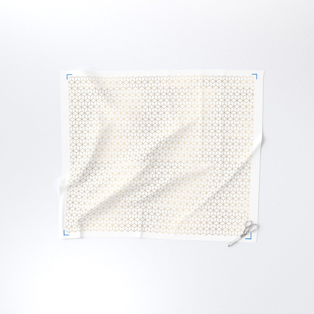 Small White and Faux Metallic Gold Art Deco 3D Geometric Cubes Fabric faux gold metal fabric