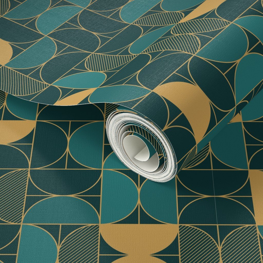 Bold Art Deco Geometric Demi-Circles in Faux Metallic Gold and Brown Wallpaper art deco wallpaper