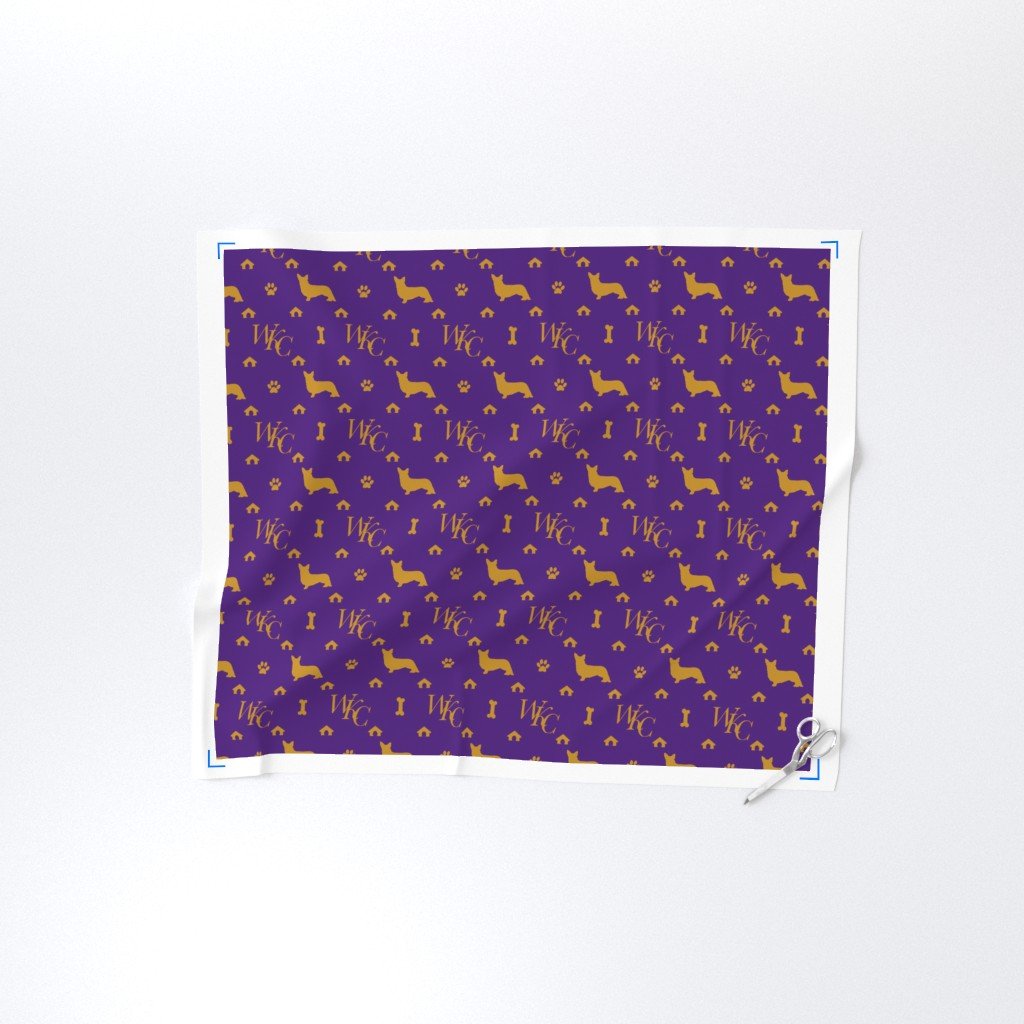 WKC Cardigan Corgis on Purple and Gold Fabric kennel club fabric