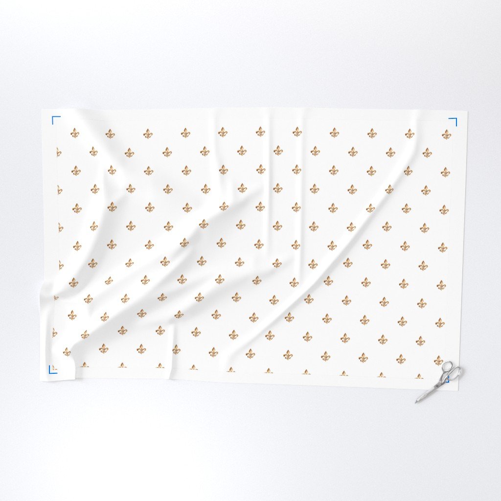Faux-Effect Metallic Gold Fleur de Lis Royal Symbols on Wedding White Fabric monarch symbol fabric