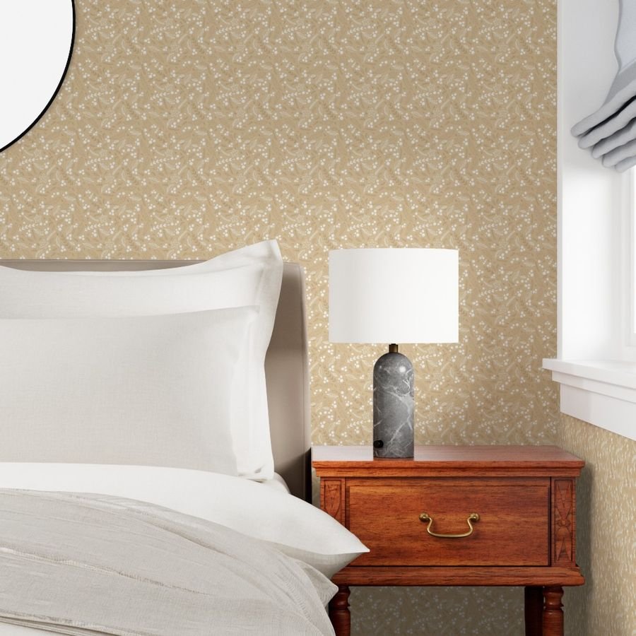 Christmas Beige and White Small Holly and Mistletoe Repeat on Pale Wallpaper tree branches wallpaper