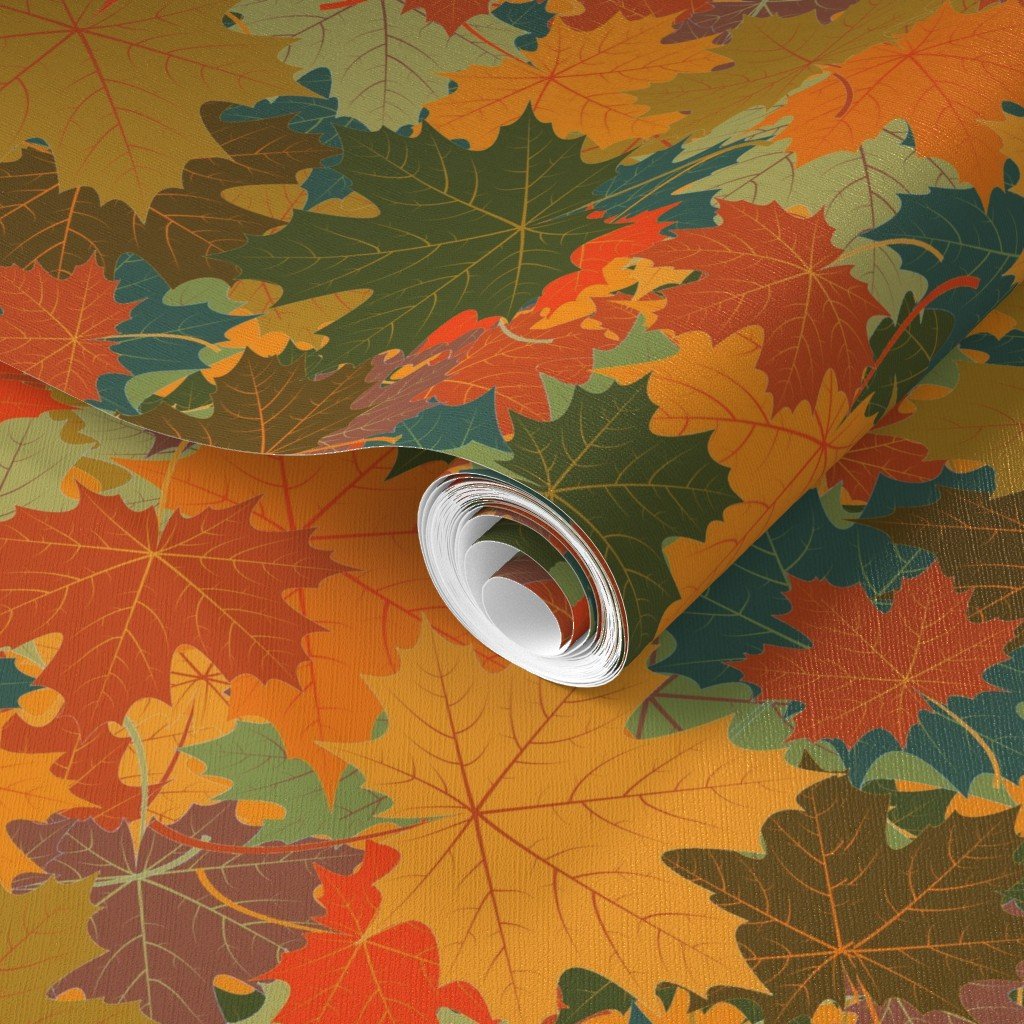 Smaller Autumn Leaves Scattered in Gold Red Brown and Green Wallpaper autumn leaves wallpaper