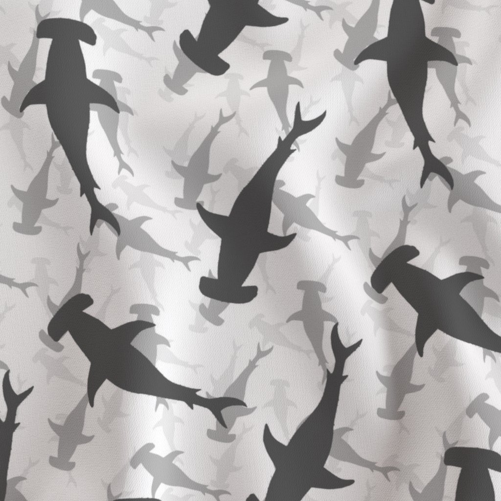 Hammerhead Sharks in Grey Silhouette Circling on White Fabric grey fabric