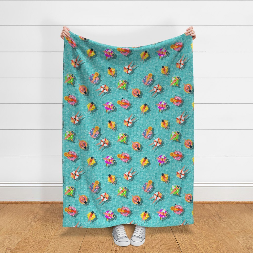 Aqua Summer Pool Party with Ring Floats and Swimmers Fabric ring floats fabric