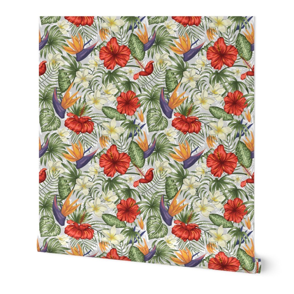 White and Red Hawaiian Hibiscus Birds of Paradise and Plumeria Wallpaper palm leaves wallpaper