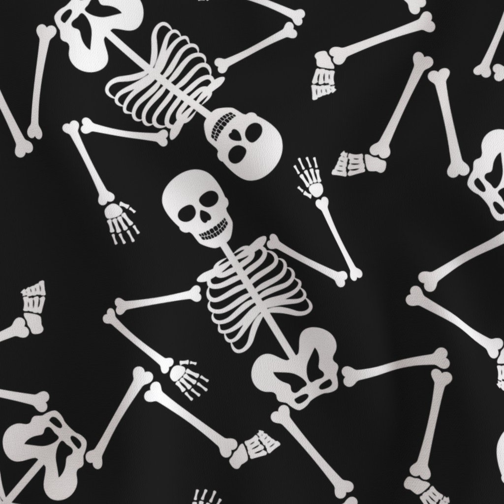 Large White Dancing Halloween Skeletons Scattered On Black Fabric white bones fabric