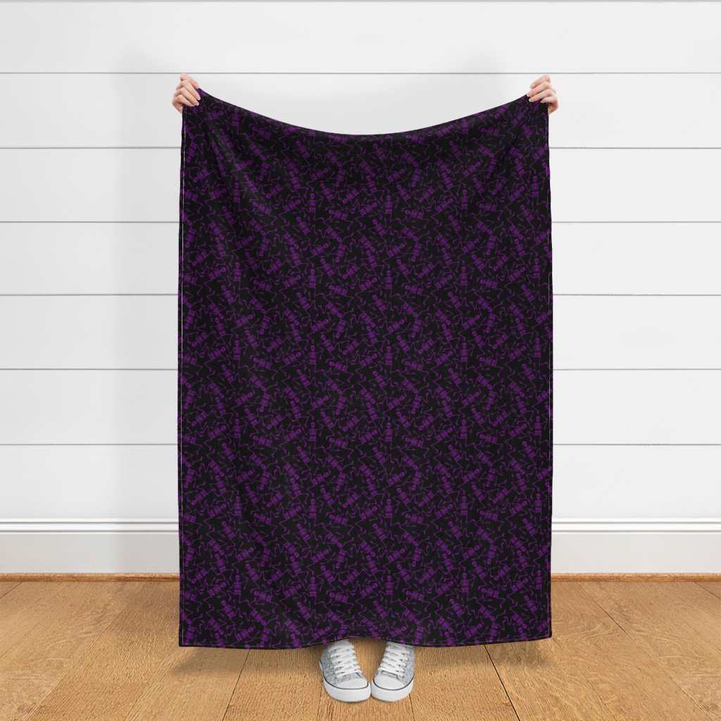 Small Purple Dancing Halloween Skeletons Scattered On Black Fabric scattered skeletons fabric